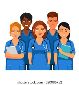 Group of medical students or nurses. Practicing Interns standing together in blue doctor uniform. Flat style vector illustration isolated on white background.