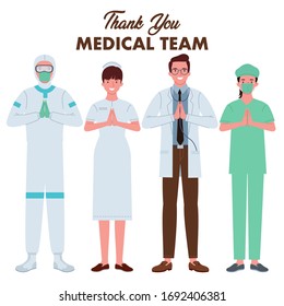 a group of medical teams consisting of doctors, nurses, people wearing hazmat clothes, and doctors wearing surgical clothing.  They fold their hands in front of their chest as a gesture of thank you.