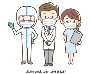 group of medical teams consisting of doctors, nurses, people wearing hazmat clothing. 