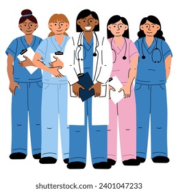 A group of medical workers in colored uniforms with documents and in a white coat. Nurse, doctor, midwife. Medical uniform. A group of diverse women in full-length colored uniforms for a banner.