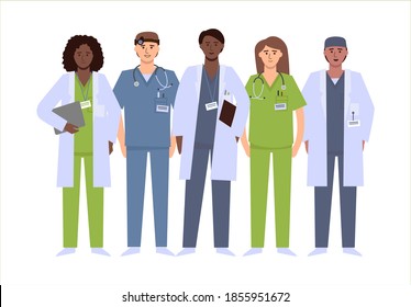 A group of medical workers. Diverse persons stand next to each other and smile. Symbol of support and goodwill of the emergency service