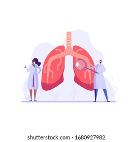 Group of medical workers and doctors diagnose lung problems in clinic. Concept of fluorographic examination, pulmonology, medical research and diagnostics, healthcare. Vector illustration in flat