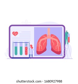 Group of medical workers and doctors diagnose lung problems in clinic. Concept of coronavirus, pulmonology, medical research and diagnostics, covid-19. Vector illustration in flat design
