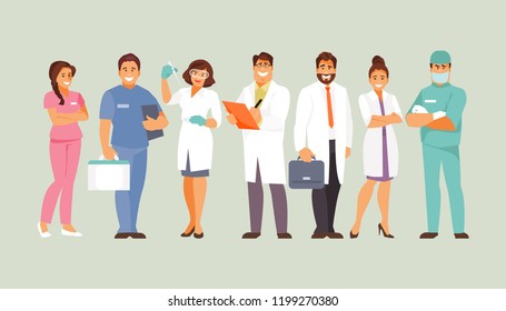 Group of medical workers. Doctors, lab technician, ambulance, nurse Vector characters