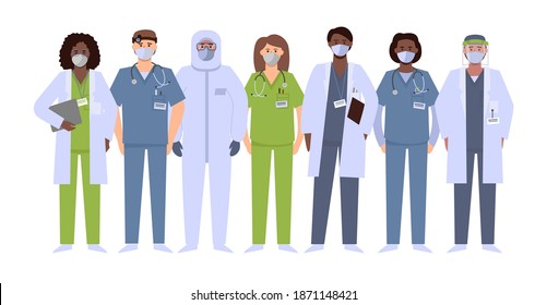 Un grupo de trabajadores médicos en equipos de protección personal. Doctor, Interno, Enfermero, terapeuta, trabajador de emergencia, especialista en traje protector. Gente con máscaras o respiradores, escudos, gafas.