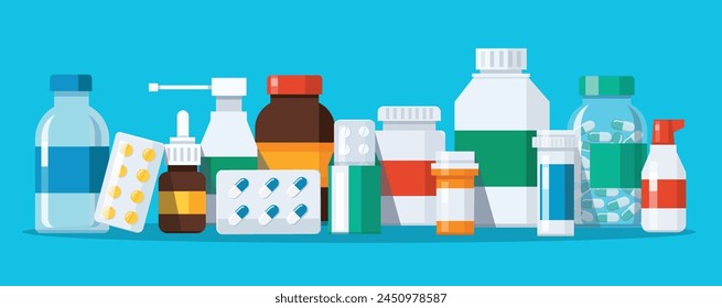 Group of Medicine bottles capsules vector illustration