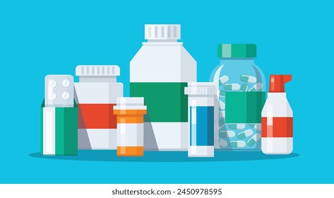 Group of Medicine bottles capsules vector illustration