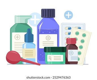 Illustration de groupe de bouteilles de médicaments, d'emballages de médicaments et de boules de seringues pour les soins de santé et le concept médical