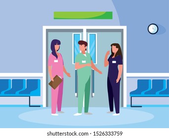 group medicine workers in elevator door vector illustration design