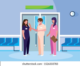 group medicine workers in elevator door vector illustration design
