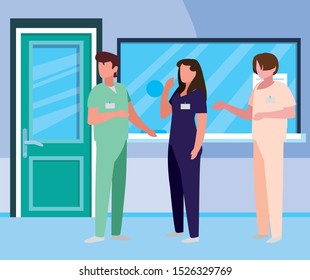 group medicine workers in hospital reception vector illustration design