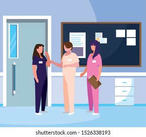 group medicine workers with uniform in hospital corridor vector illustration design