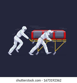 El grupo de médicos con coberturas protectoras está transportando a un paciente en un carrito de camillas con una cámara de aislamiento biológico. Ilustración vectorial. Colores globales fáciles de editar.