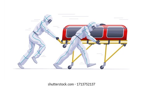 The group of medics in protective coveralls are transporting a patient in a stretcher trolley with a biological isolation chamber. Vector illustration. Easy editable global colors.