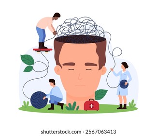 Group of medics works on a large head with tangled yarn inside, symbolizing mental health treatment. Surrounding elements include a first aid kit and landscape vector illustration