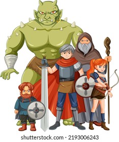 Group of medieval cartoon characters on white background illustration