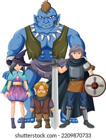 Group of medieval cartoon characters on white background illustration