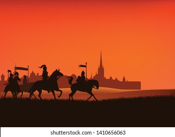 group of medieval knight guards riding horses in the field with castle city silhouette in the background - vector middle ages scene