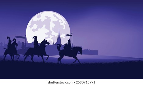 group of medieval knight guards riding horses in the field with castle city silhouette in the background - vector fantasy middle ages night scene with full moon