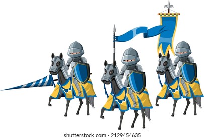 Group of medieval knights on horseback on white background illustration