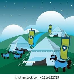 Group of medieval tents with horses medieval landscape Vector