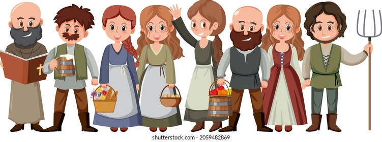 Group of medieval villagers on white background illustration