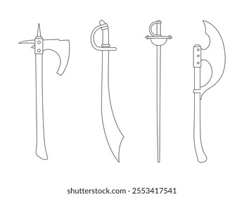 Group of Medieval Weapons Outline icon isolated white background. Vector Illustration