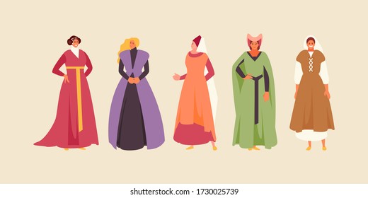 Group of Medieval women in historical costumes. Vector characters