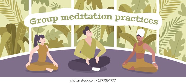 Group meditation practices flat composition with people sitting in lotus pose vector illustration