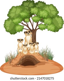 Group of meerkats with burrow in cartoon style illustration