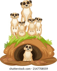Group of meerkats with burrow in cartoon style illustration