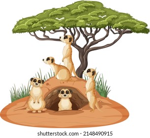 Grupo de meerkats con madriguera en ilustración de estilo de dibujos animados