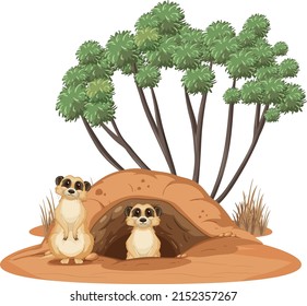 Group of meerkats with burrow in cartoon style illustration