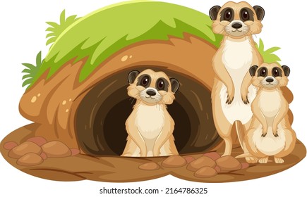 Grupo de meerkats con madriguera en ilustración de estilo de dibujos animados