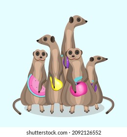 Group of meerkats with fruits. Flat vector illustration.