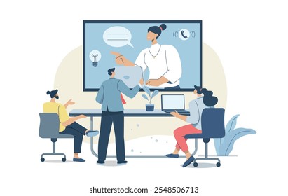 Group meetings using video calling, Team Conversations, Remote teamwork using online video, Friends are talking via video conference, Live communication, Remote working with technology.
