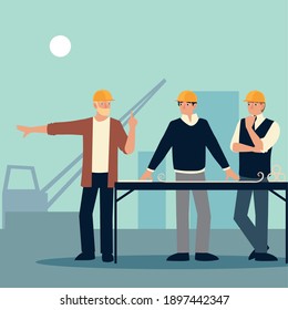 Group Men Architect With Blueprint On Easel At Workplace Vector Illustration