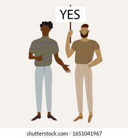 A group of men with a banner that says yes. Vector illustration.