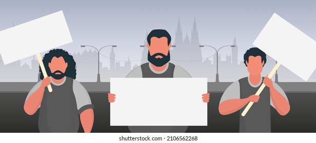 A group of men with a banner in their hands against the backdrop of the city. Protest concept. Cartoon style. Vector illustration.