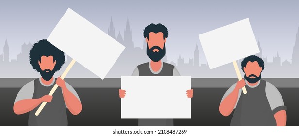 Un grupo de hombres con una pancarta en sus manos sobre el telón de fondo de la ciudad. Concepto de protesta. Ilustración vectorial.