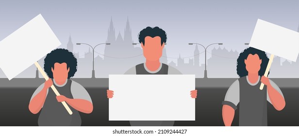 A group of men with a banner in their hands against the backdrop of the city. Protest concept. Cartoon style.
