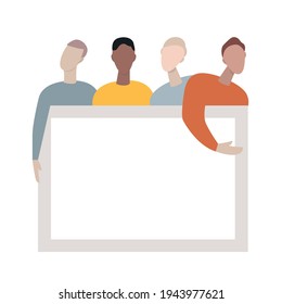 Grupo de hombres con pancarta. Ilustración vectorial al estilo de las caricaturas planas.