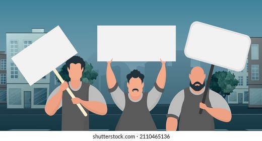 A group of men with banners came out to protest. Cartoon style. Vector illustration.