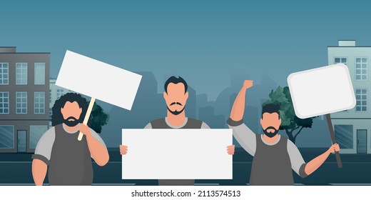 A group of men with banners in their hands came out to protest. Cartoon style. Vector illustration.