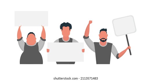 Eine Gruppe von Männern mit einem leeren Banner in ihren Händen einzeln. Cartoon-Stil. Vektorgrafik