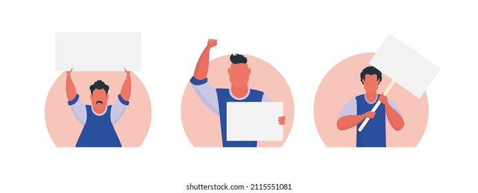 A group of Men with with a blank banner in their hands isolated. Cartoon style. Vector illustration