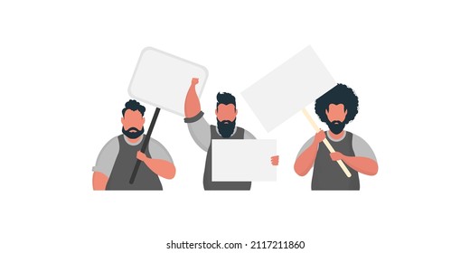 A group of Men with a blank banner in their hands isolated on a white background. Flat style. Vector illustration