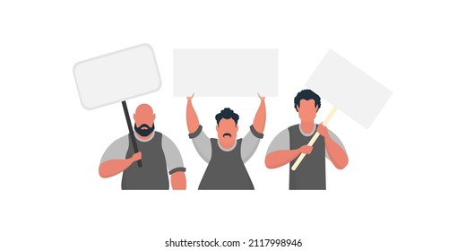 Eine Gruppe von Männern mit einem leeren Banner in ihren Händen einzeln. Flacher Stil. Vektorgrafik.
