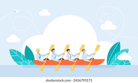 A group of men in a boat are rowing synchronously. Cooperation of businessmen. Team member rowing boat. Teamwork concept. Business collaboration. Vector illustration