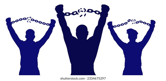 Group of men breaking chains in handcuffs,  male hands and broken handcuffs, silhouette. Freedom. Vector illustration
